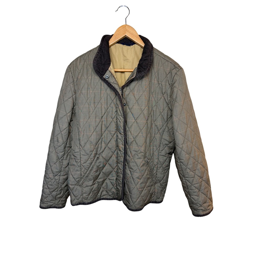 Lands End Womens L Quilted Barn Jacket Glen Plaid Corduroy Trim Thermolite